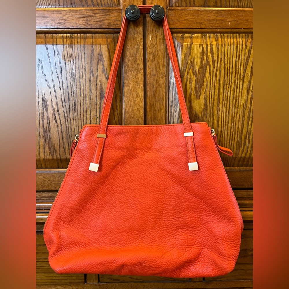Joie Tangerine Orange Leather Tote Bag- Expandable Side Zippers